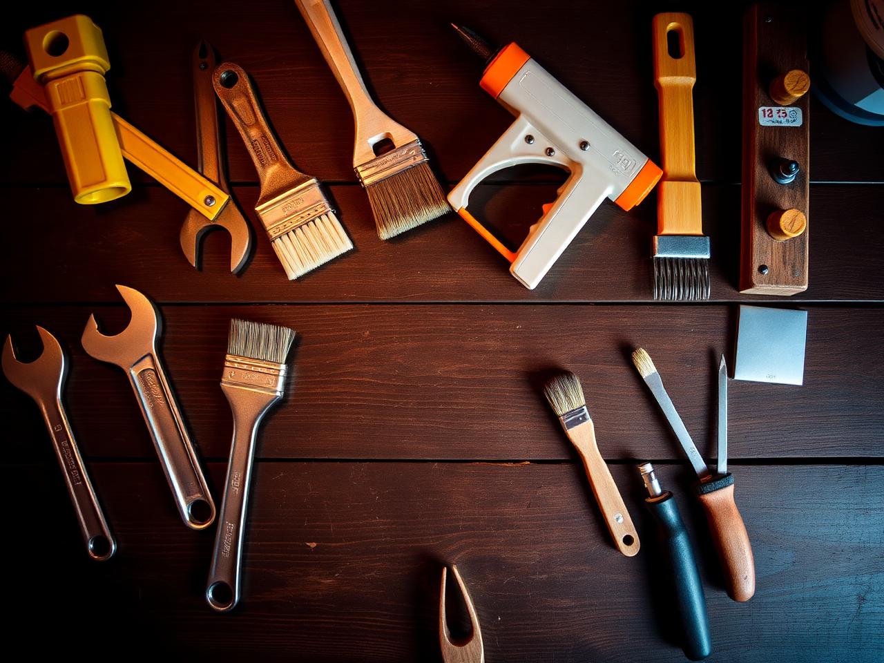 Handyman tools laid out on workbench